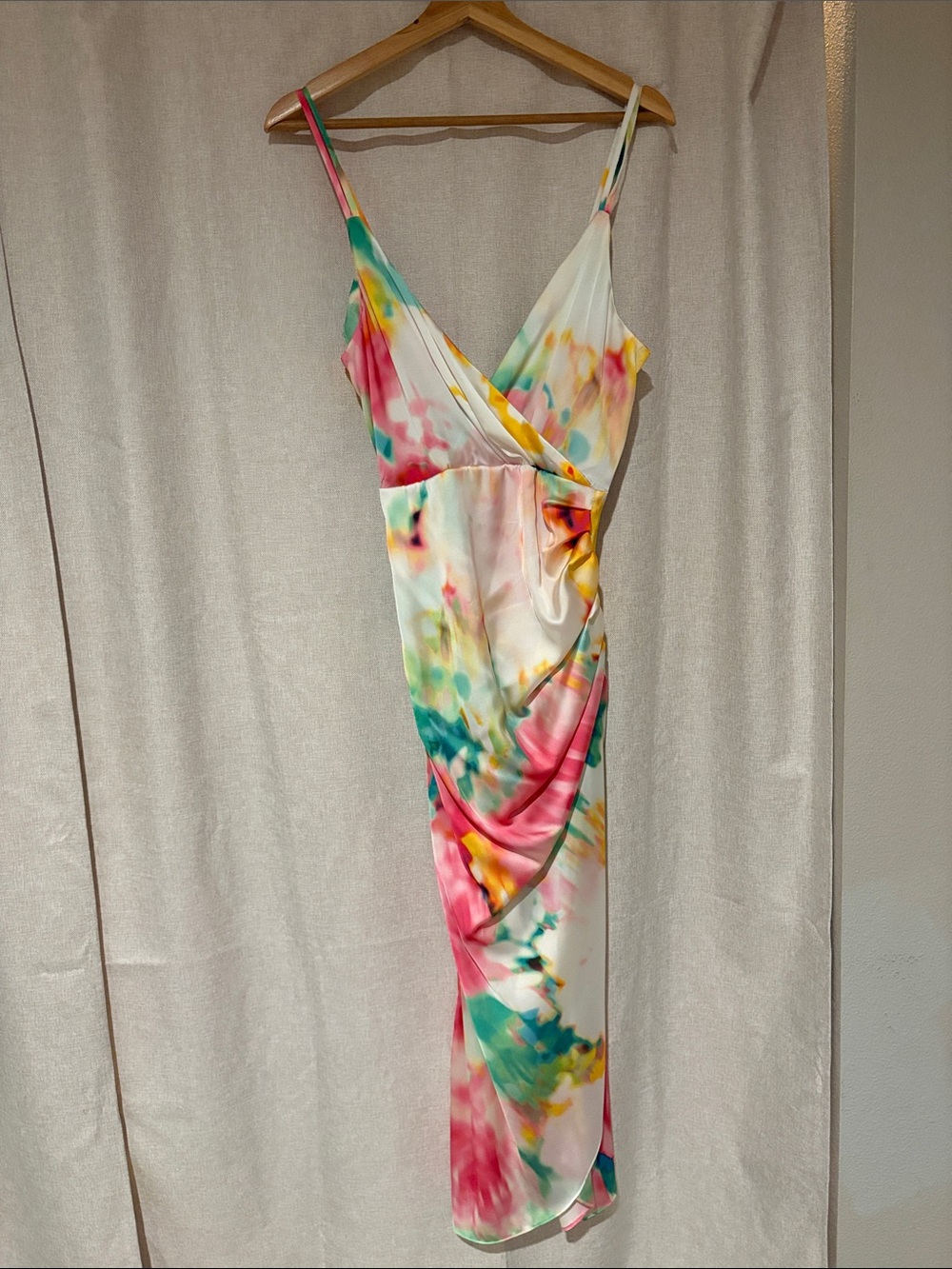 Zara multicolor tie-dye/watercolor satin-style slip midi dress Size Medium